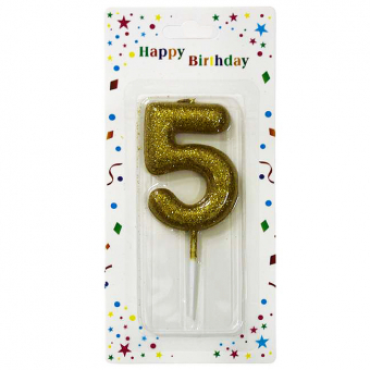 Купить Свеча-цифра в торт «5» золотая с глиттером 6 см оптом